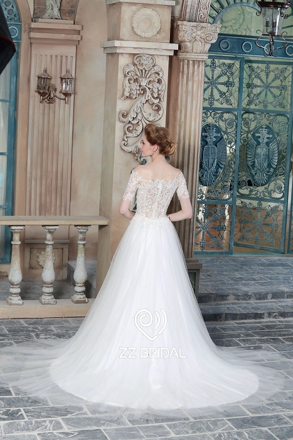 ZZ Bridal 2017 hors épaule dentelle appliqued manches courtes A-Line robe de mariée
