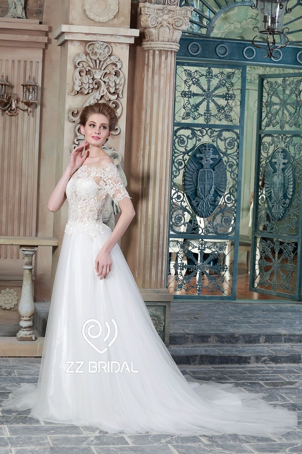 ZZ Bridal 2017 hors épaule dentelle appliqued manches courtes A-Line robe de mariée
