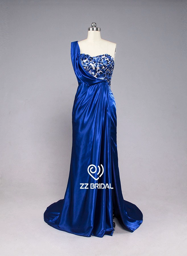 ZZ nuziale 2017 1 spalla perline arruffato RoyalBlue lungo abito da sera
