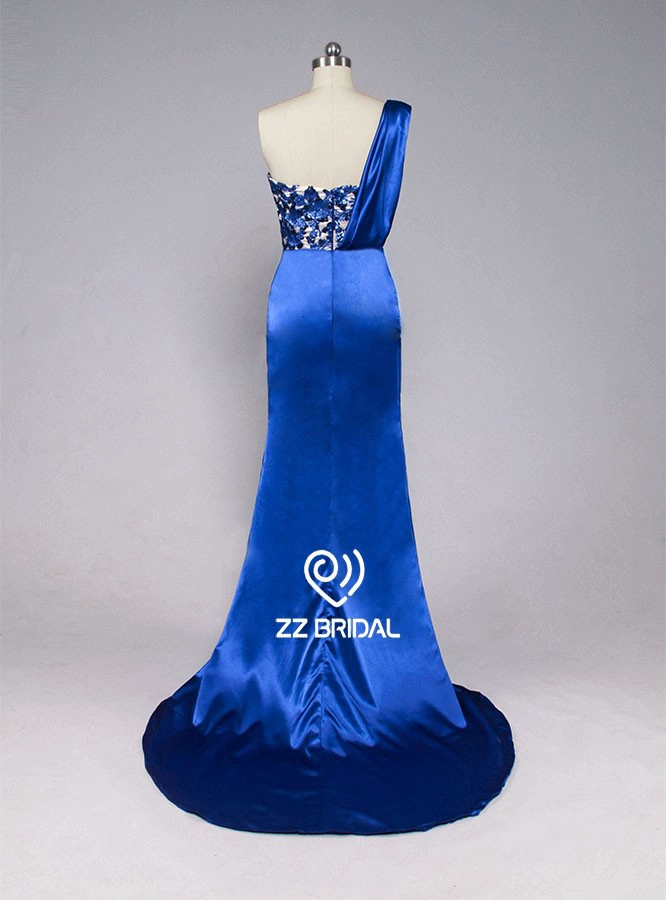 ZZ nuziale 2017 1 spalla perline arruffato RoyalBlue lungo abito da sera