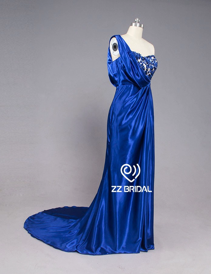 ZZ nuziale 2017 1 spalla perline arruffato RoyalBlue lungo abito da sera