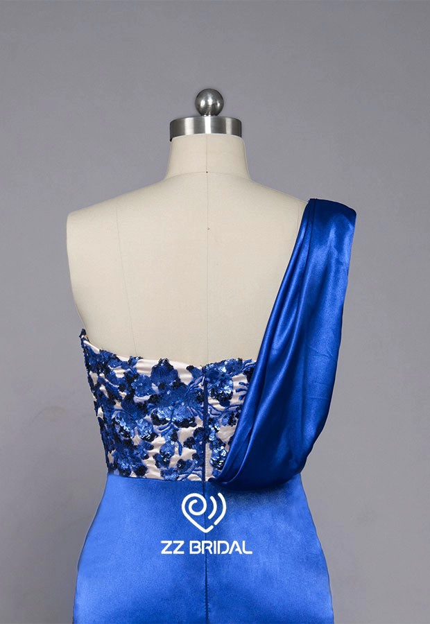 ZZ nuziale 2017 1 spalla perline arruffato RoyalBlue lungo abito da sera