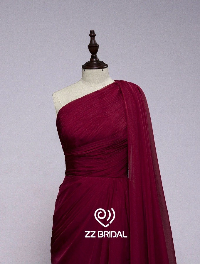 ZZ nupcial 2017 1 bufanda de hombro con volantes Claret-rojo vestido de noche largo