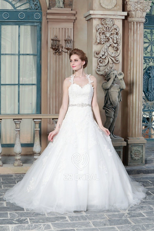 ZZ Bridal 2017 Spaghetti Belt Beaded Strap Lace Applikationen A-Line Wedding Dress