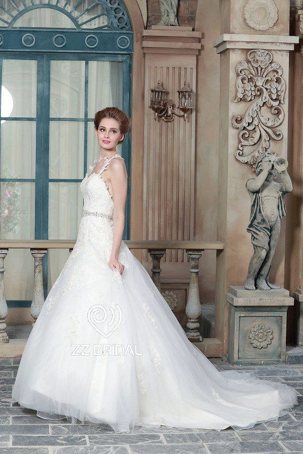 ZZ Bridal 2017 Spaghetti Belt Beaded Strap Lace Applikationen A-Line Wedding Dress