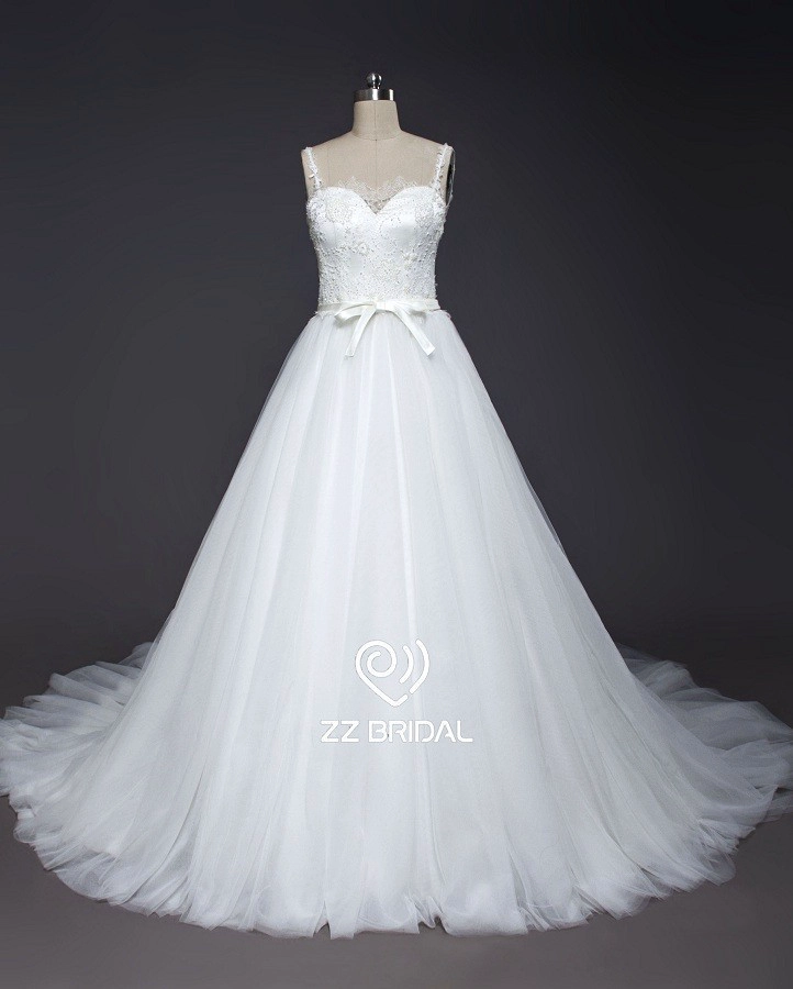 ZZ bridal 2017 spaghetti strap lace appliqued bowknot A-line wedding dress