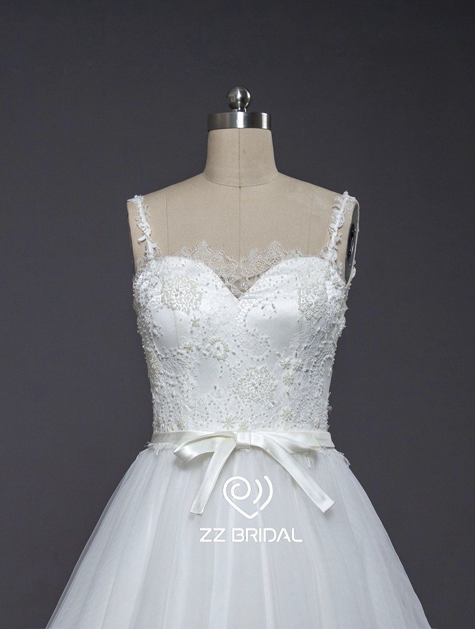 ZZ bridal 2017 spaghetti strap lace appliqued bowknot A-line wedding dress