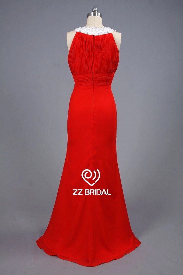 ZZ halter nupcial con cuentas de Gasa rizado Vestido de noche largo sirena