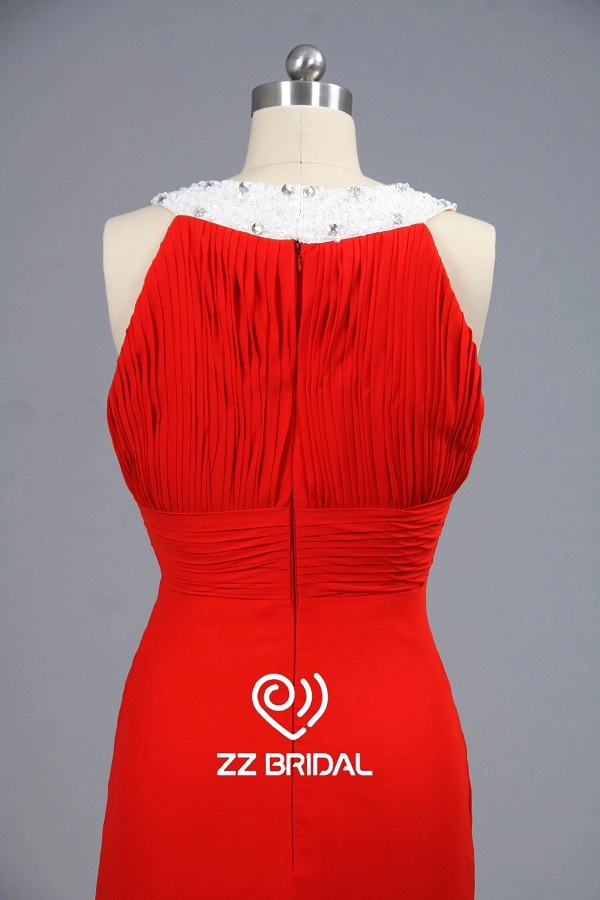 ZZ halter nupcial con cuentas de Gasa rizado Vestido de noche largo sirena
