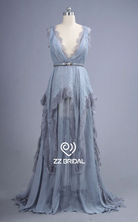 ZZ bridal V-neck and V-back ruffled silver A-line long evening dress