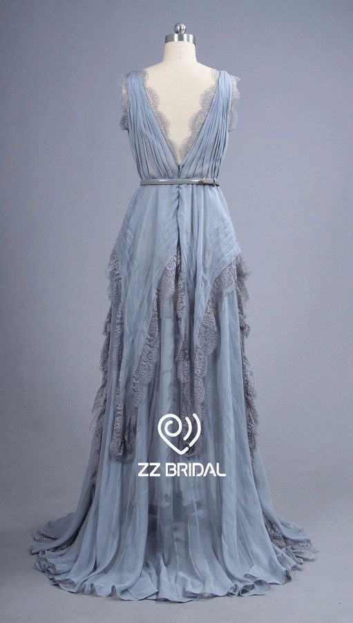 ZZ bridal V-neck and V-back ruffled silver A-line long evening dress