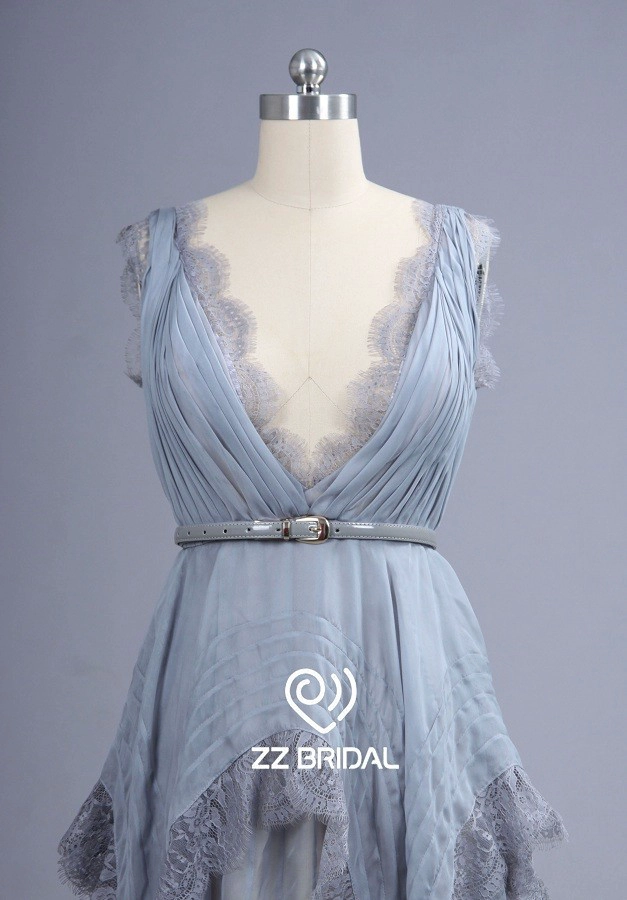 ZZ bridal V-neck and V-back ruffled silver A-line long evening dress
