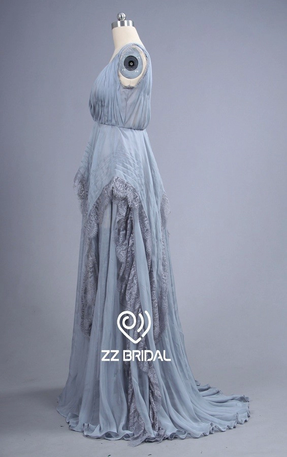 ZZ bridal V-neck and V-back ruffled silver A-line long evening dress