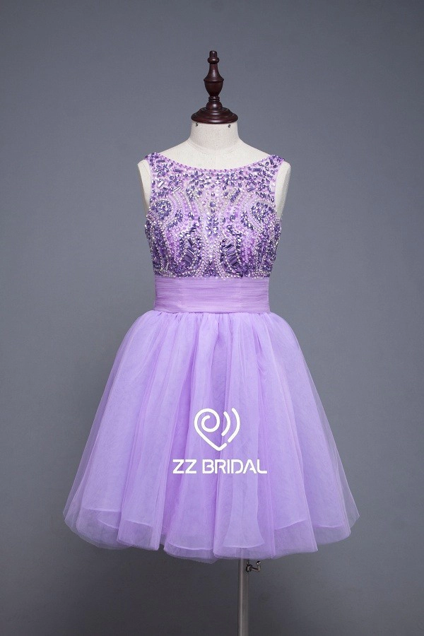 ZZ bridal V-neck and back bowknot strapless beaded short evening gown