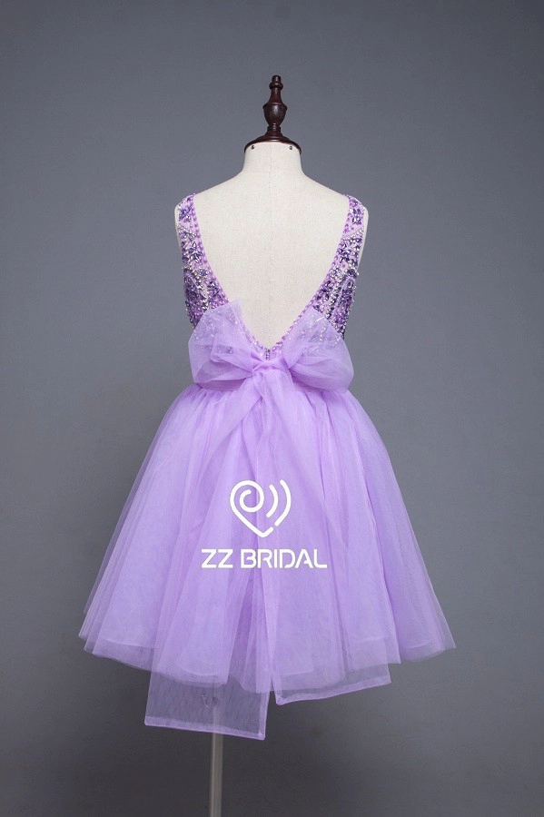 ZZ bridal V-neck and back bowknot strapless beaded short evening gown