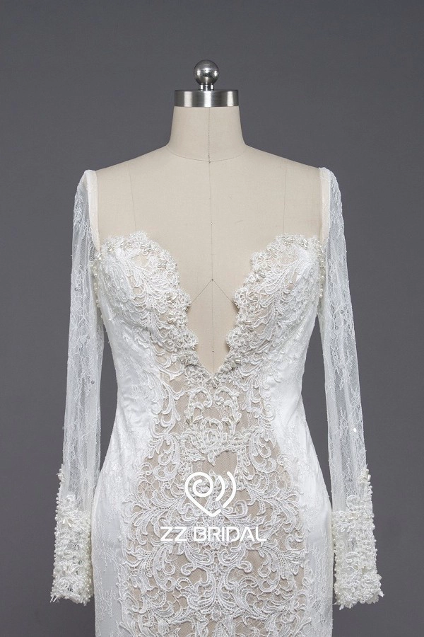 ZZ Bridal 2017 V-cou et manches longues écharpe dentelle robe de mariée