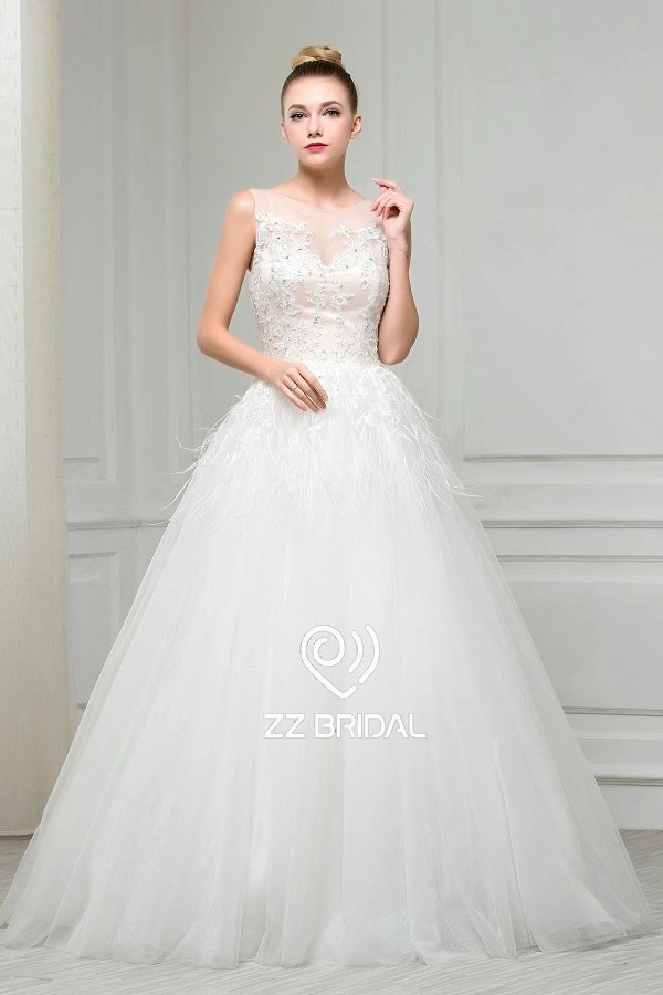 ZZ nuziale 2017 barca collo piuma pizzo appliqued A-line abito da sposa