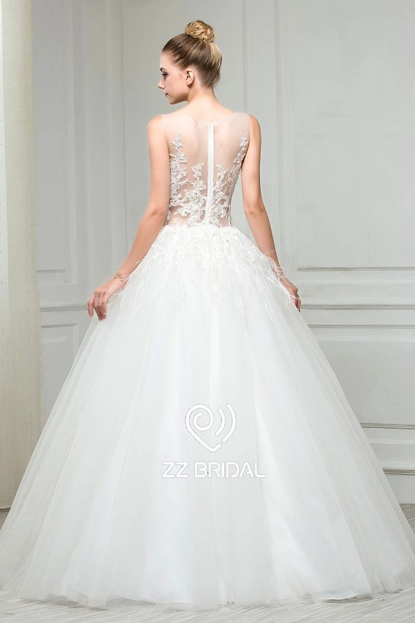 ZZ nuziale 2017 barca collo piuma pizzo appliqued A-line abito da sposa