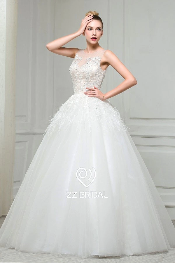 ZZ nuziale 2017 barca collo piuma pizzo appliqued A-line abito da sposa
