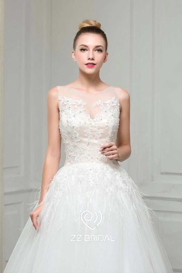ZZ nuziale 2017 barca collo piuma pizzo appliqued A-line abito da sposa