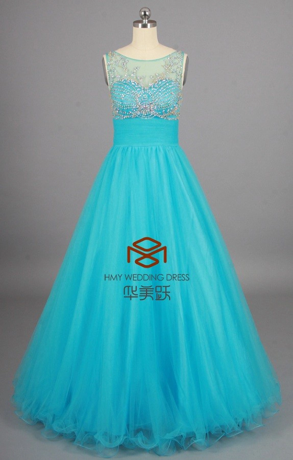 ZZ bridal boat neck sleeveless beaded A-line long evening dress