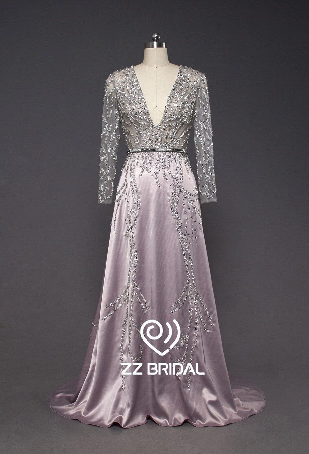 ZZ bruids diepe v-hals lange mouw beaded lange avondjurk