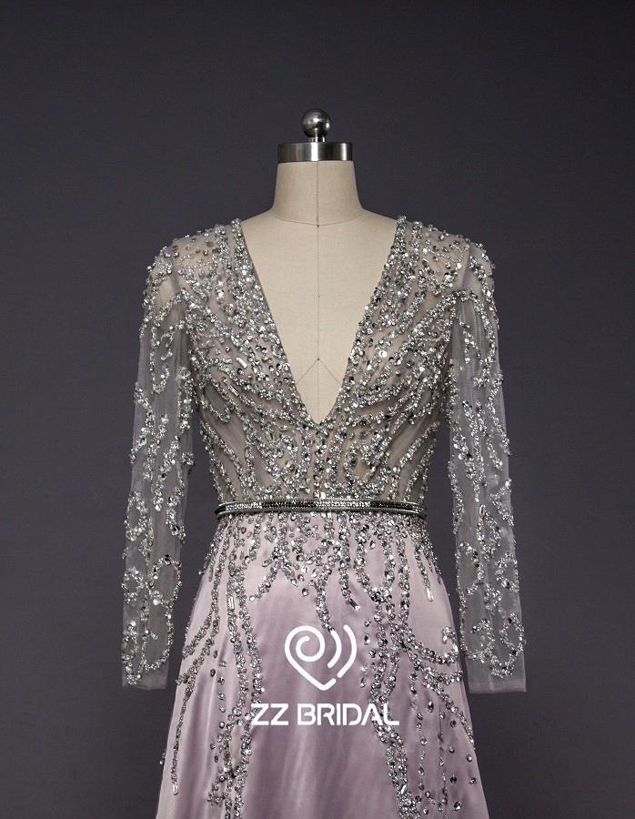 ZZ bruids diepe v-hals lange mouw beaded lange avondjurk