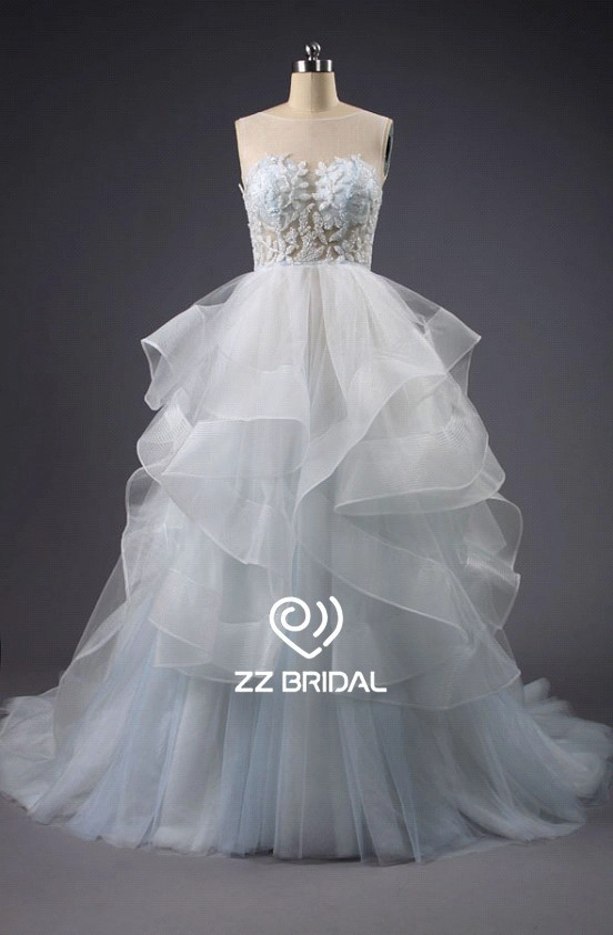 ZZ bridal illusion neckline ruffled beaded A-line wedding dress