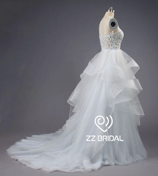 ZZ bridal illusion neckline ruffled beaded A-line wedding dress