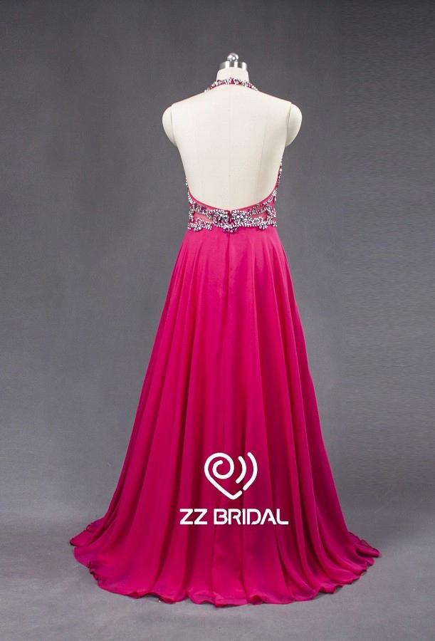 ZZ bridal sexy halter beaded chiffon A-Line long evening dress