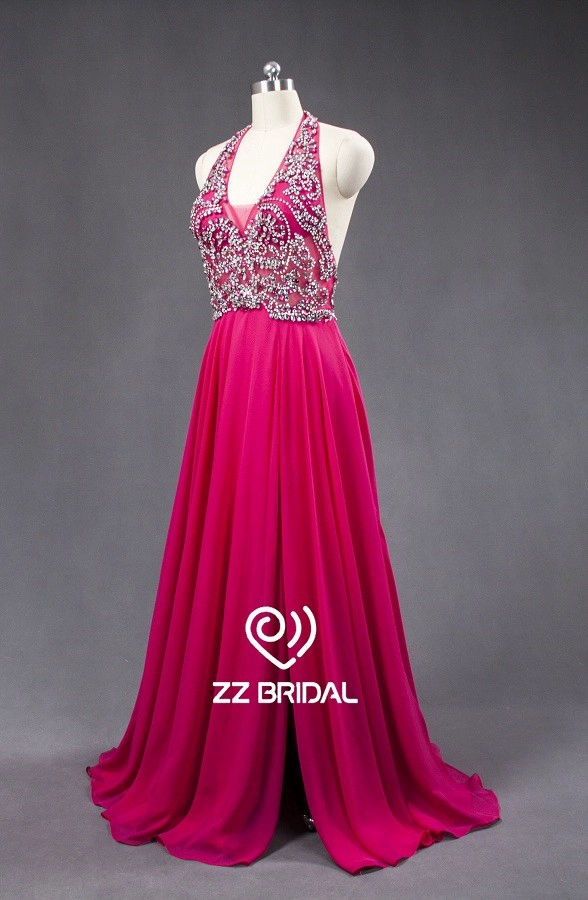 ZZ bridal sexy halter beaded chiffon A-Line long evening dress