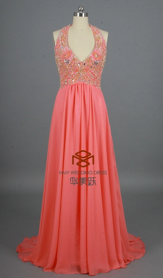 ZZ nuziale sexy halter perline chiffon una linea lunga serata abito