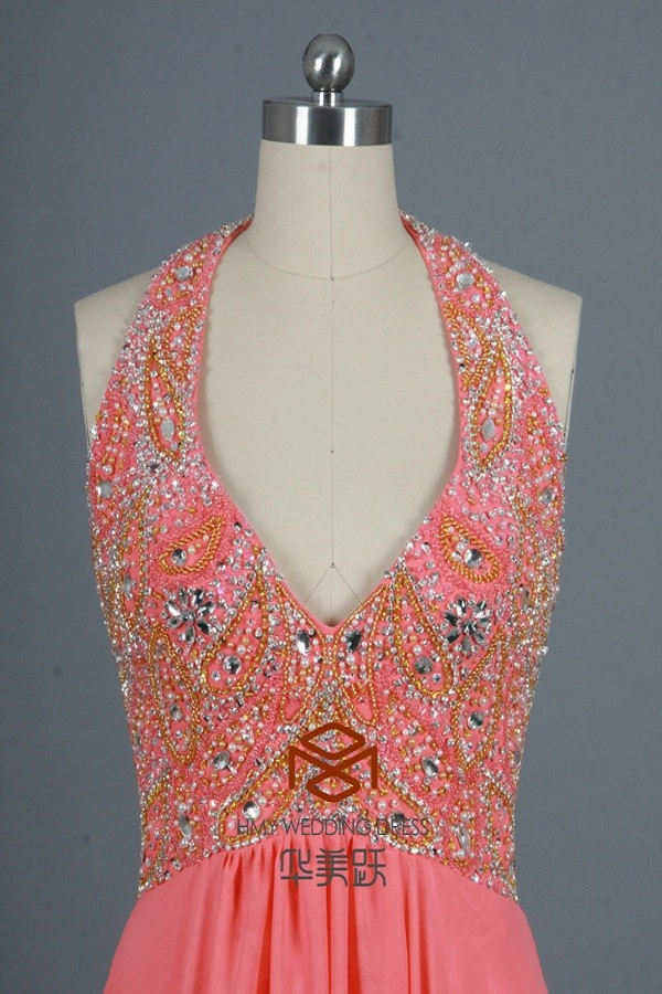 ZZ nuziale sexy halter perline chiffon una linea lunga serata abito