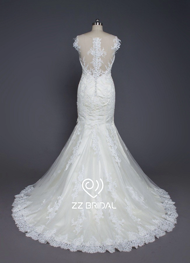 ZZ bridal sexy see through back lace appliqued wedding dress