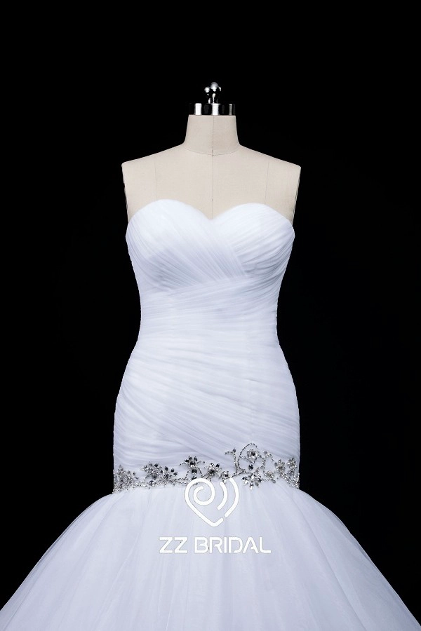 ZZ nupcial 2017 escote corazón con cuentas vestido de novia con volantes sirena
