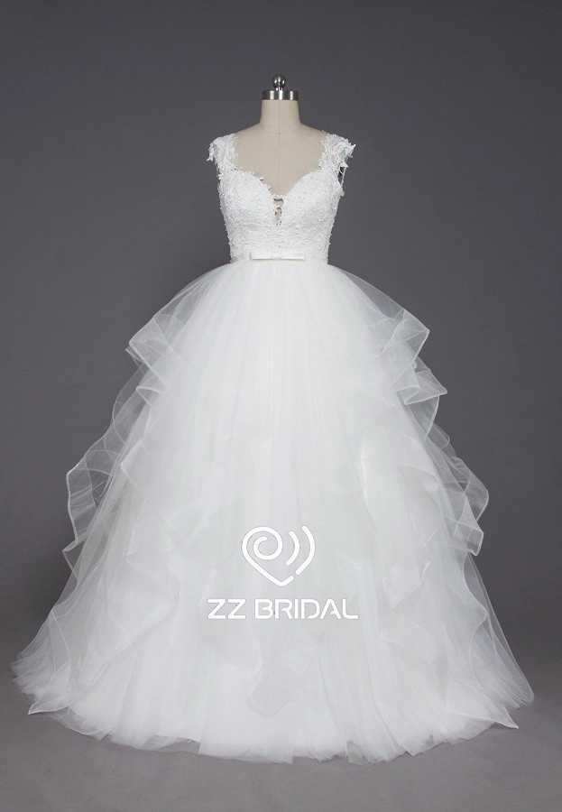 ZZ bridal sweetheart neckline satin belt ruffed A-line wedding dress