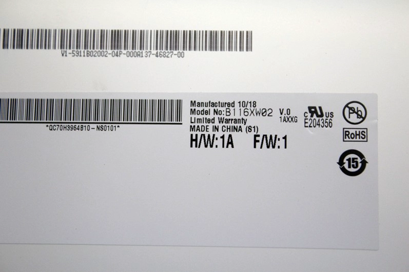 11.6 "AUO WLED arka LED ekran dizüstü bilgisayar B116XW02 V0 1366 × 768 cd / m2 200 ° C / R 500: 1