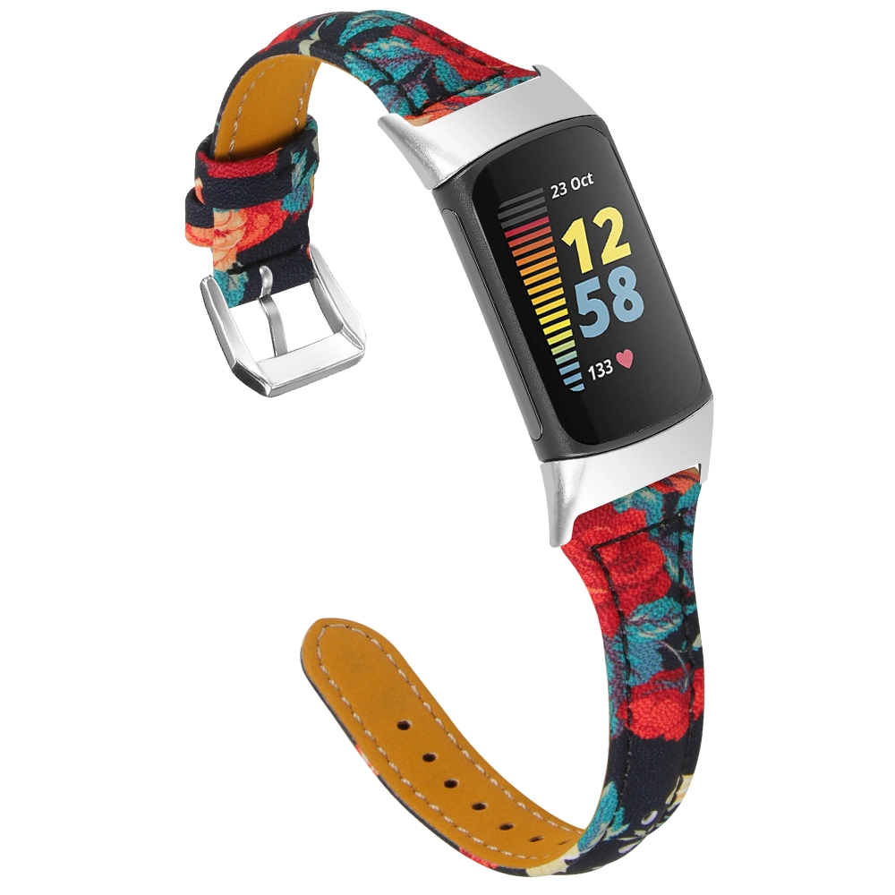 CBFC5-16 Sangle de montre en cuir à imprimé fleur pour Fitbit Charge 5