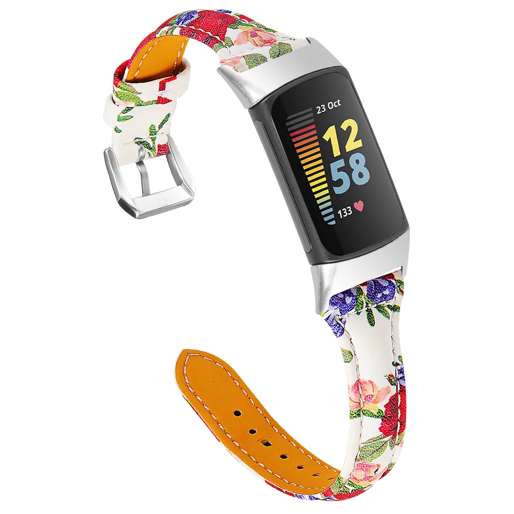 CBFC5-16 Sangle de montre en cuir à imprimé fleur pour Fitbit Charge 5