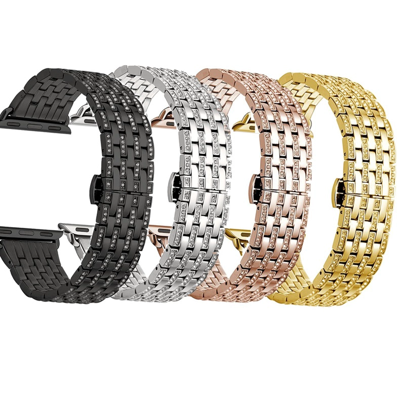 Banda de reloj de diamantes de acero inoxidable con cierre oculto