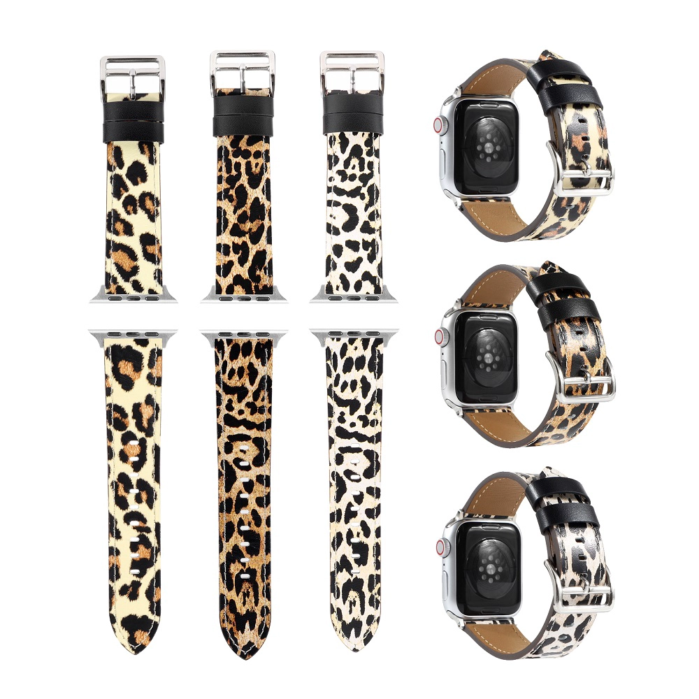 CBIW252 Patrón de impresión de leopardo Banda de reloj de cuero real para la correa de pulsera de iWatch 44mm 42mm 40mm 38mm