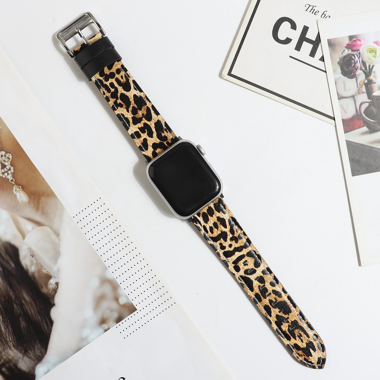 CBIW252 Patrón de impresión de leopardo Banda de reloj de cuero real para la correa de pulsera de iWatch 44mm 42mm 40mm 38mm