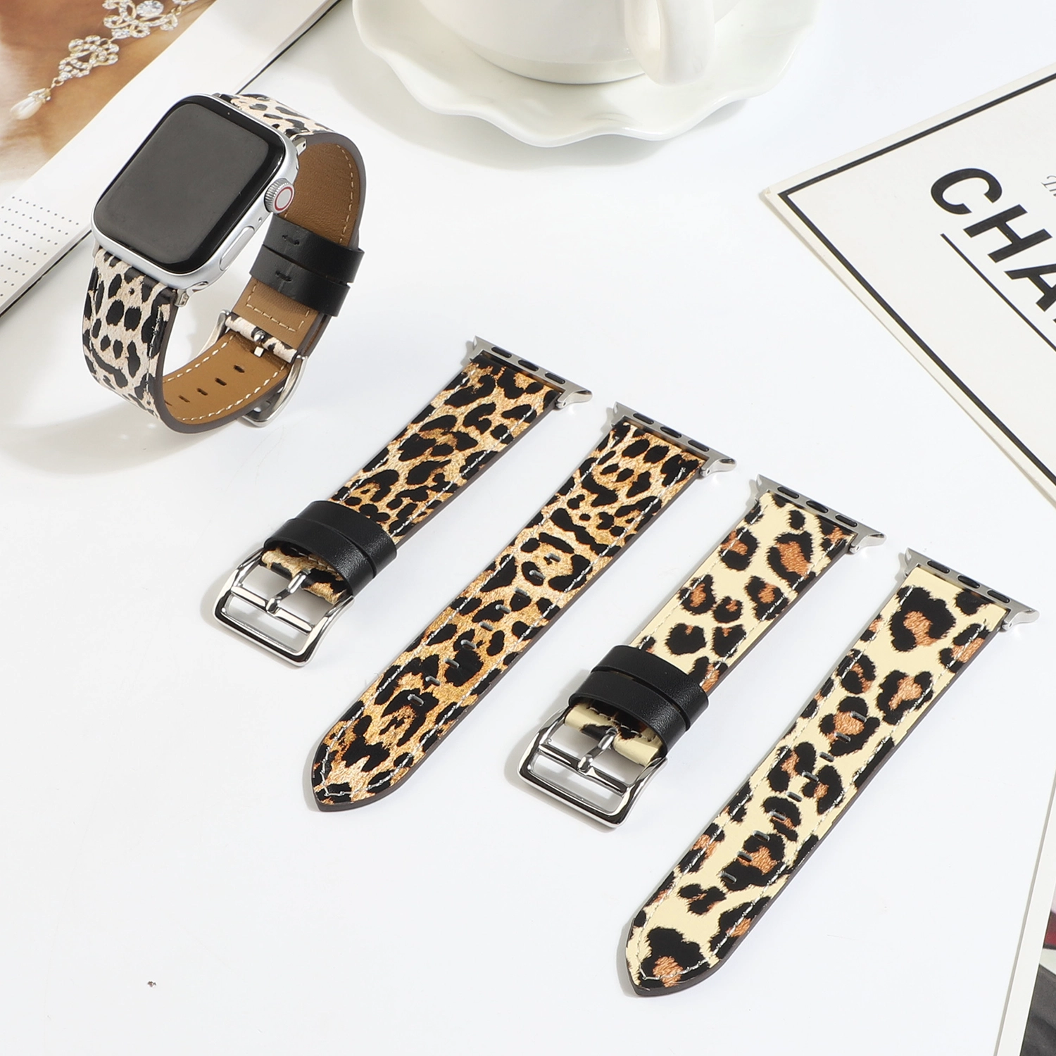 CBIW252 Patrón de impresión de leopardo Banda de reloj de cuero real para la correa de pulsera de iWatch 44mm 42mm 40mm 38mm