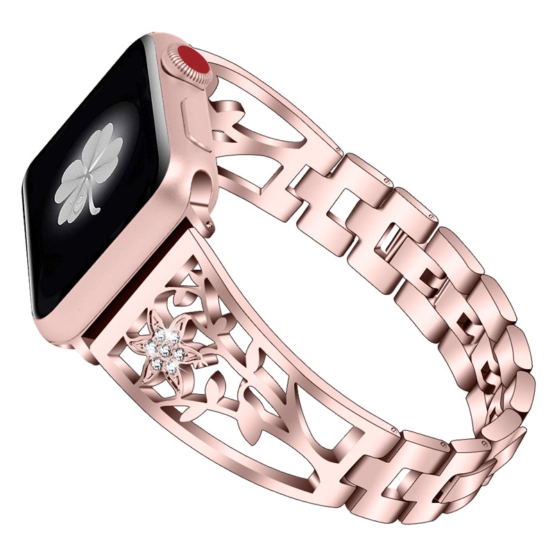 CBIW52 Banda de reloj de acero inoxidable de diamante hueco con forma floral para reloj de Apple