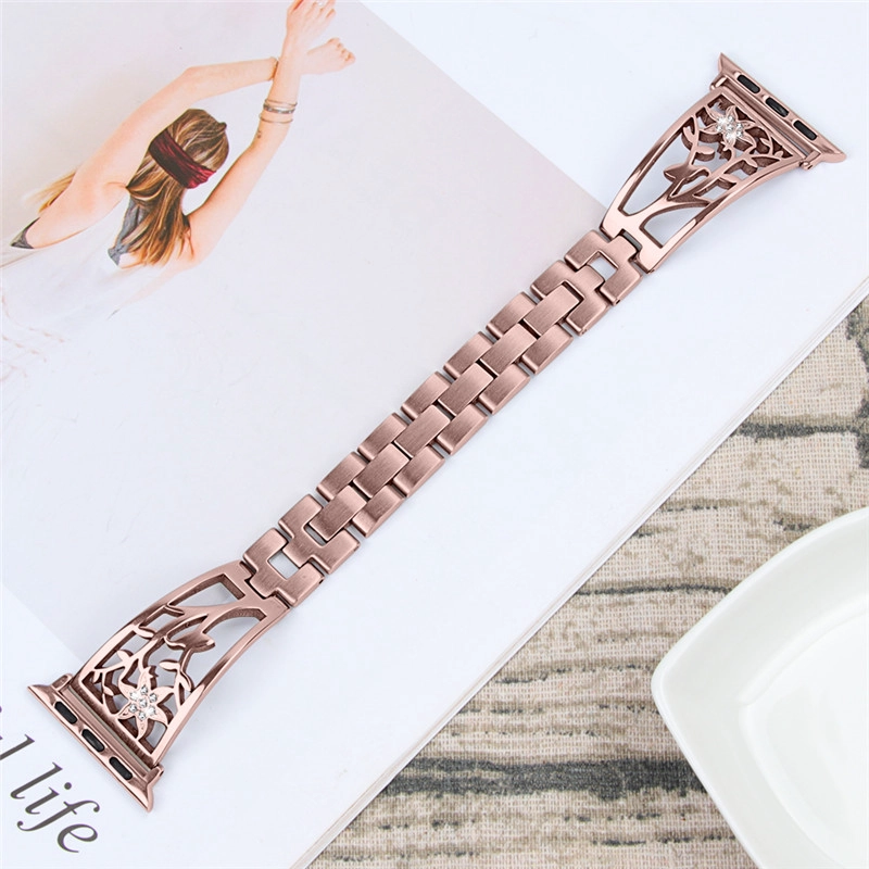 CBIW52 Banda de reloj de acero inoxidable de diamante hueco con forma floral para reloj de Apple