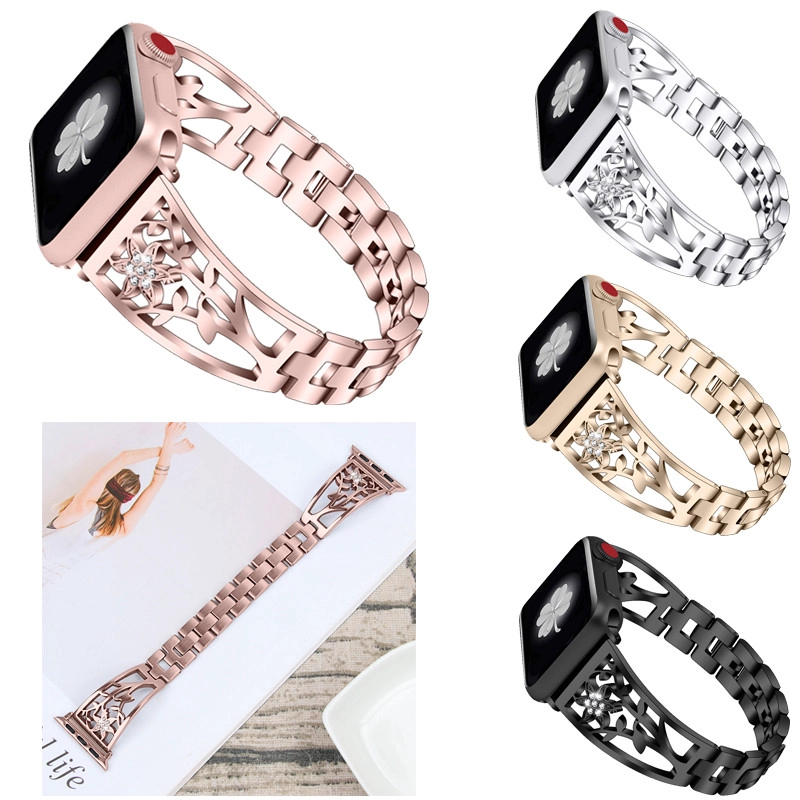 CBIW52 Banda de reloj de acero inoxidable de diamante hueco con forma floral para reloj de Apple