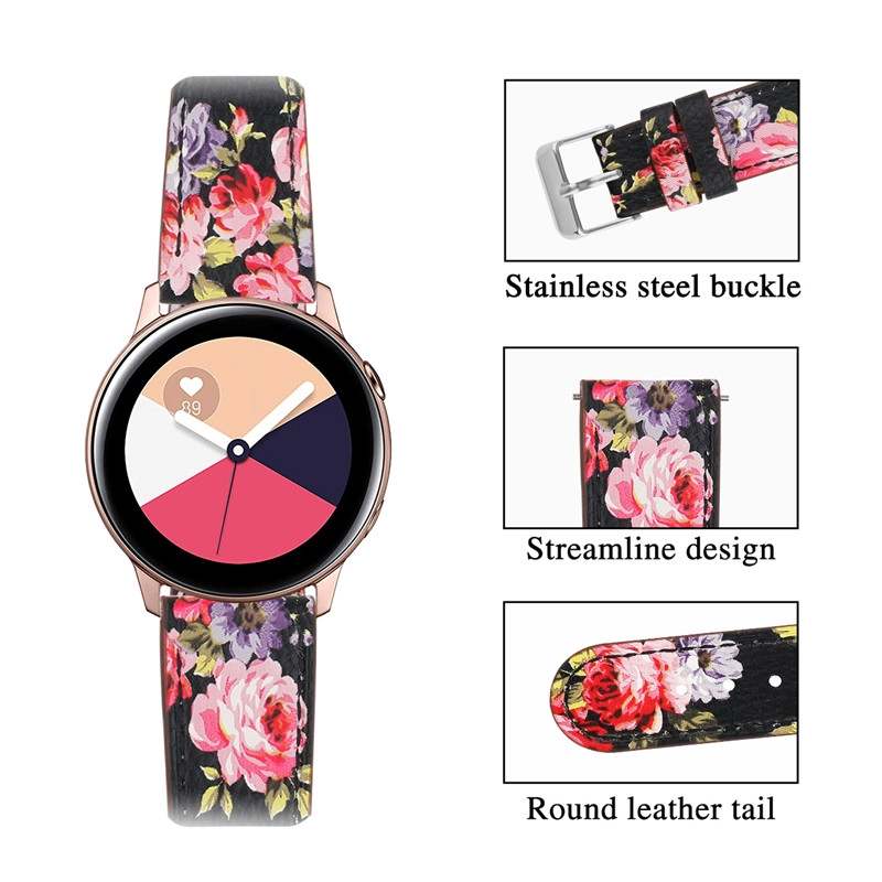 CBSW28 Floral Printed Genuine Leather Watch Band For Samsung Galaxy Watch Active