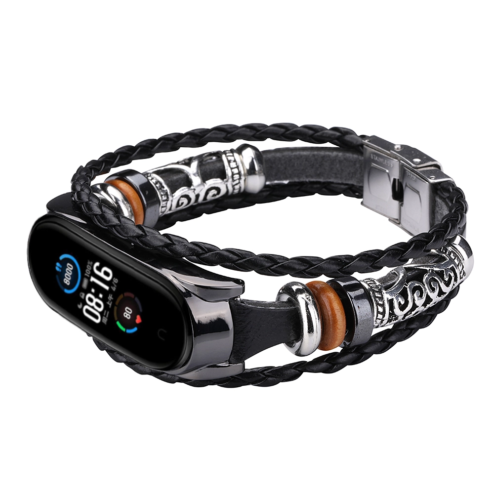 CBXM530 Ethnic Style Beaded Weave Leather Wrist Strap For Xiaomi Mi Band 5 Smart Bracelet