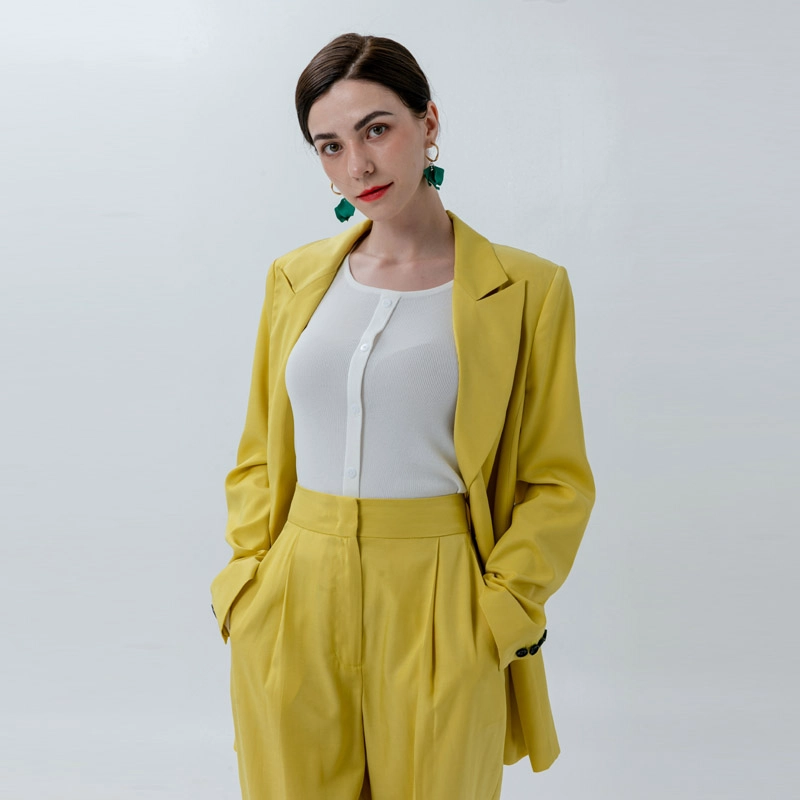 Pantalon taille haute pour femme en jaune citron