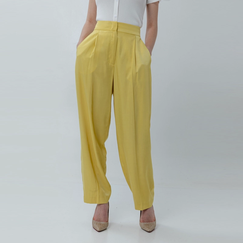 Pantalon taille haute pour femme en jaune citron